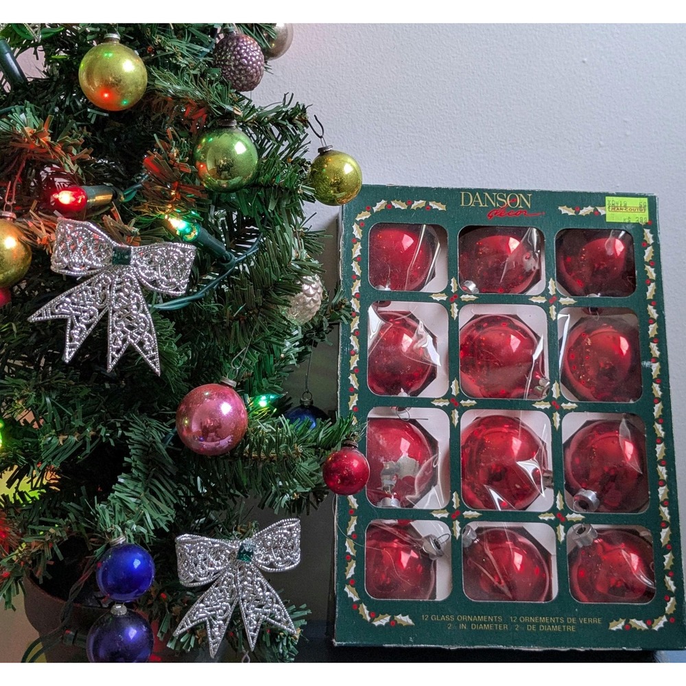 Vintage Red Glass Christmas Ornaments Set of 12 Danson Decor 2.25 Inch Boxed